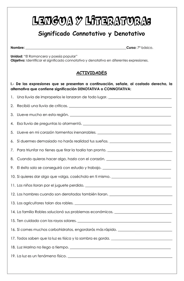 Guía de trabajo - Significado Connotativo y Denotativo - 7° básico (Lengua y literatura)