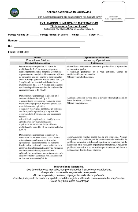 Evaluación de Matemáticas