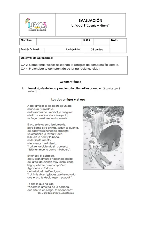 evaluación lenguaje "cuento y fábula"