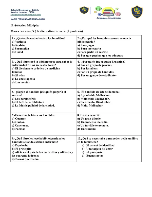 Evaluacion de Plan lector : El secuestro de la bibliotecaria