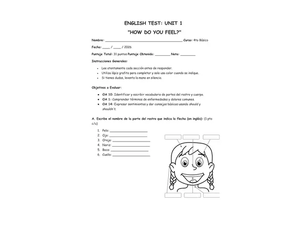 Prueba Unidad 1: How do you feel? 4to básico