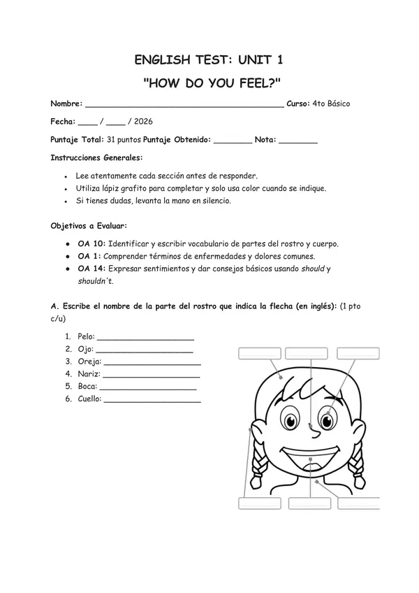 Prueba Unidad 1: How do you feel? 4to básico