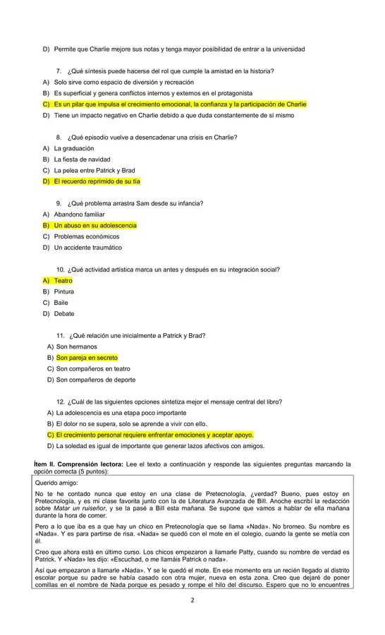 Evaluación - Control lector: Las ventajas de ser invisible