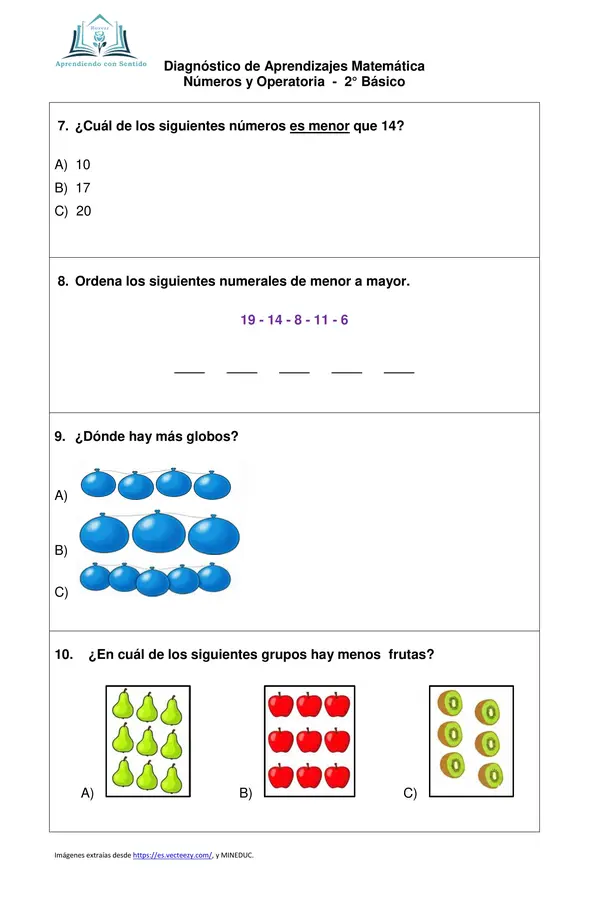 Diagnóstico Matemática Segundo Básico, Número y Operatoria con pauta de respuesta.