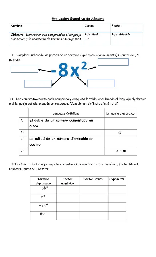 Evaluación Álgebra 7° básico Términos semejantes y reducción de términos