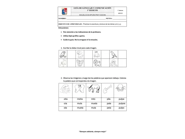 Guía letras m, l, p y s primero básico