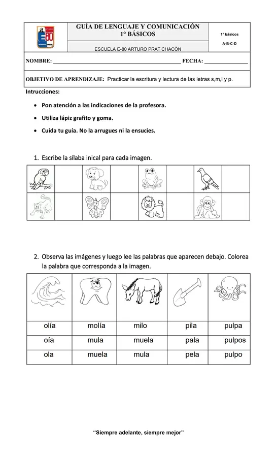 Guía letras m, l, p y s  primero básico