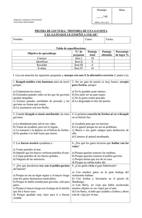 5to - Prueba del libro Historia de una gaviota 