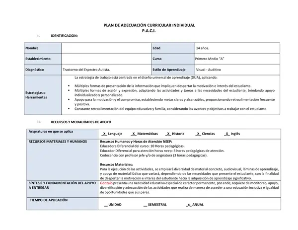 PACI de un estudiante TEA de Primer Año Medio