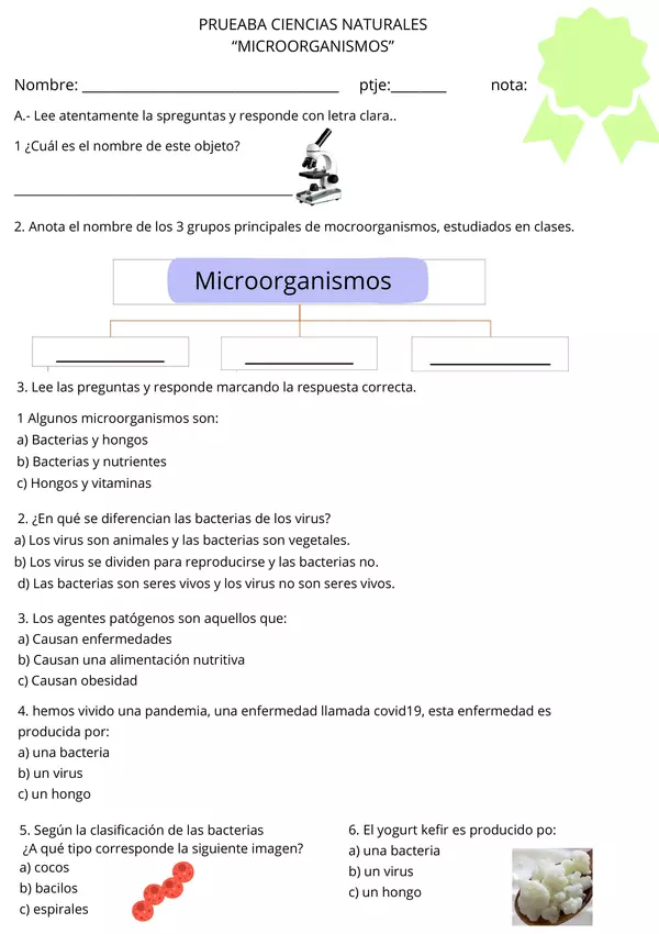 Evaluación Microorganismos, ciencias naturales
