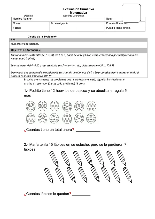 Evaluación de matemática Primero básico 