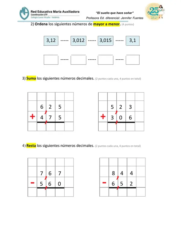 Evaluación números decimales