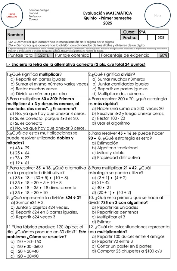 Evaluación Matemática 5° Básico – Multiplicación y División (OA 3 y OA 4)
