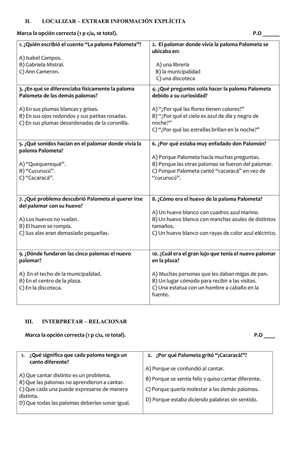 Prueba lectura complementaria "La paloma Palometa"