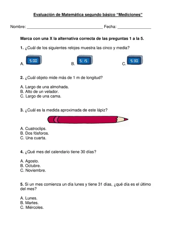 Evaluación "Mediciones" Segundo año básico.