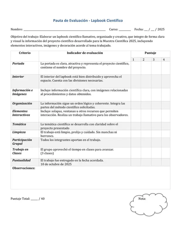 Pauta de Evaluación Lapbook de Experimentos