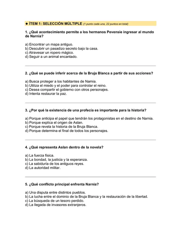 Prueba del libro "Las crónicas de Narnia: El león, la bruja y el ropero" (C. S. Lewis) 5° básico