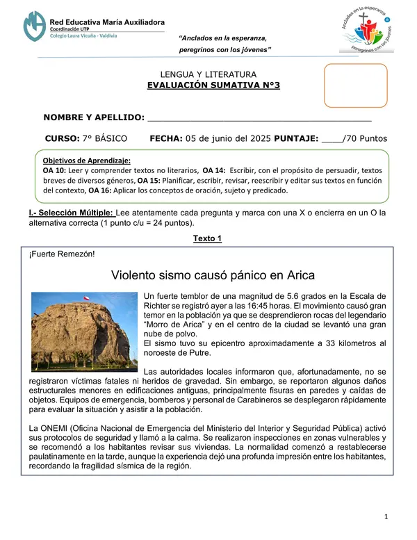 Evaluación comprensión lectora, oración/frase, sujeto y predicado - 7° Básico