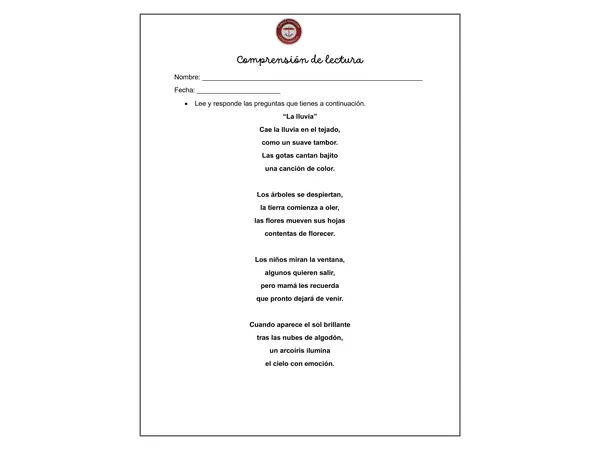 🌧️ Comprensión Lectora: Poema “La lluvia” 📖
