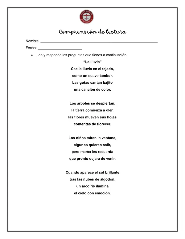 🌧️ Comprensión Lectora: Poema “La lluvia” 📖