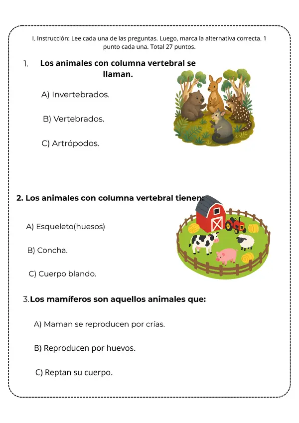 Evaluación sumativa: animales vertebrados e invertebrados y ciclo de la vida (2°Básico)