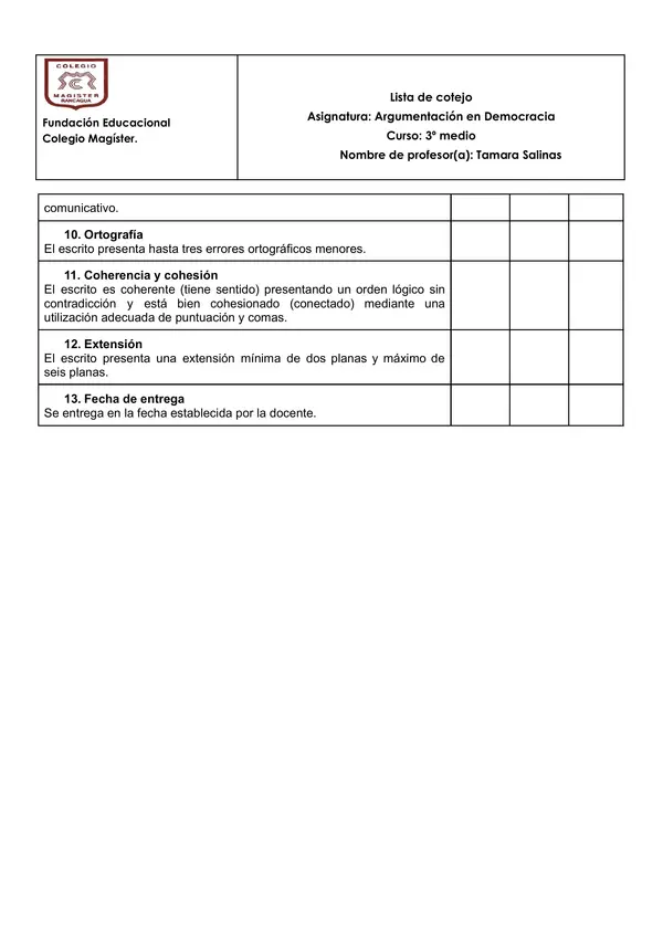Lista de cotejo diálogo argumentativo y debate 