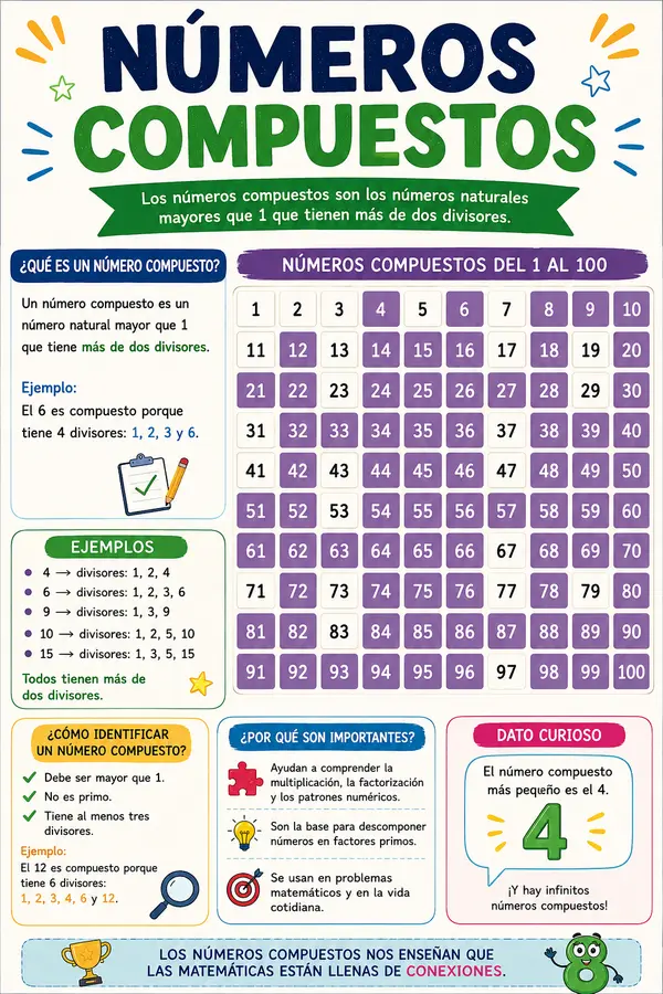 Póster Números Compuestos | Matemática Visual del 1 al 100 | Recurso para Aula