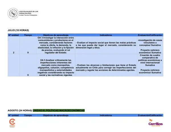 Planificación anual Electivo Economía y Sociedad 