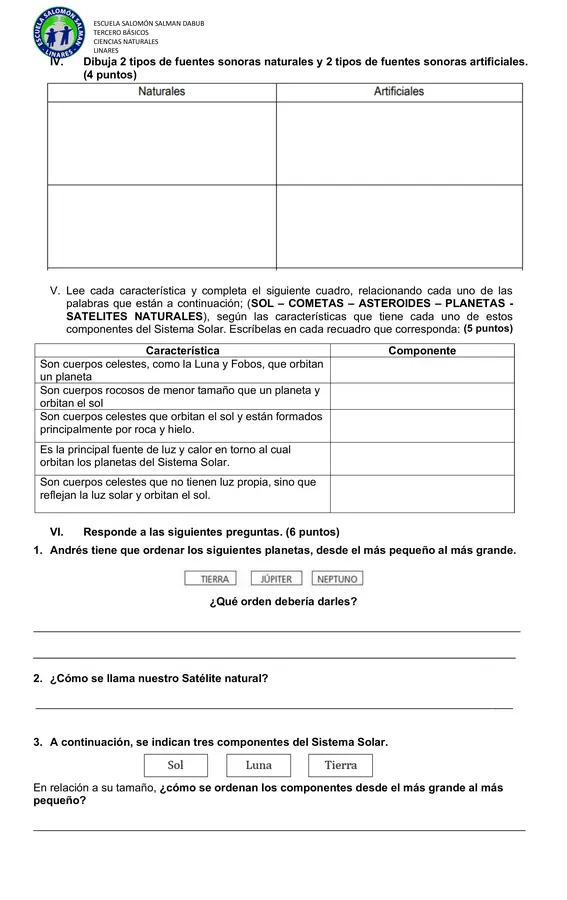 Diagnóstico Ciencias Naturales 4to básico