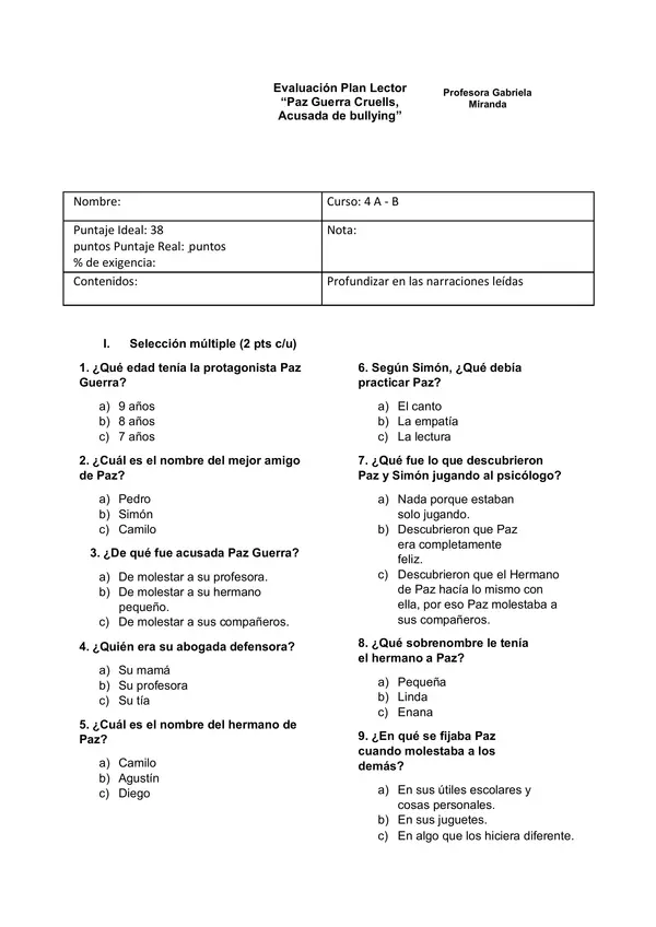 EVALUACIÓN PLAN LECTOR "PAZ GUERRA CRUELLS ACUSADA DE BULLYING"