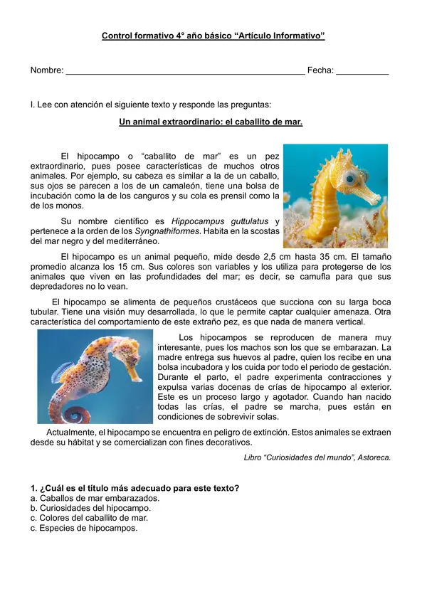 Control formativo 4° año "Artículo informativo: El caballito de mar"