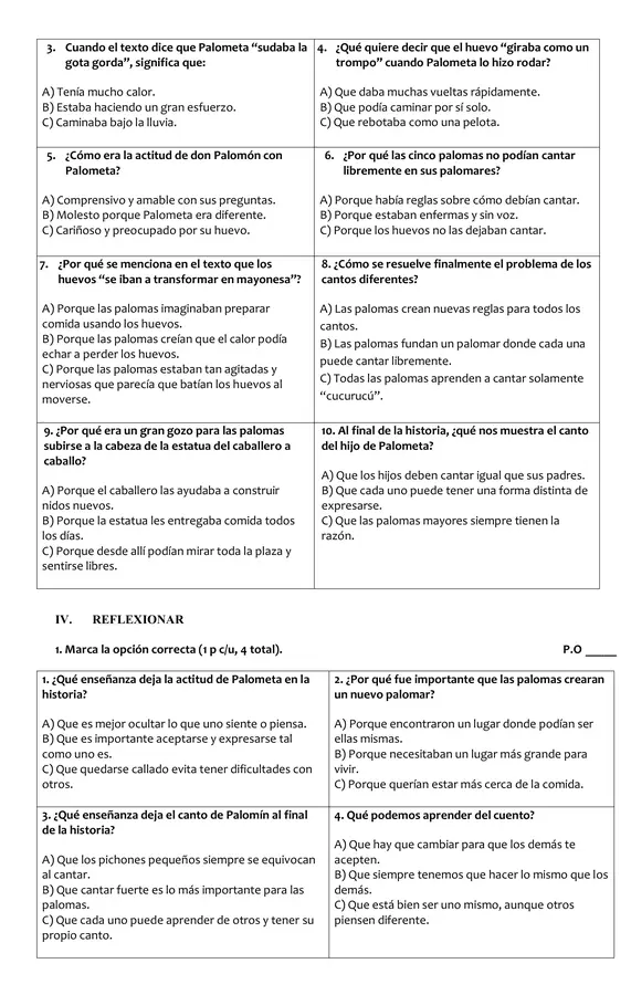 Prueba lectura complementaria "La paloma Palometa"
