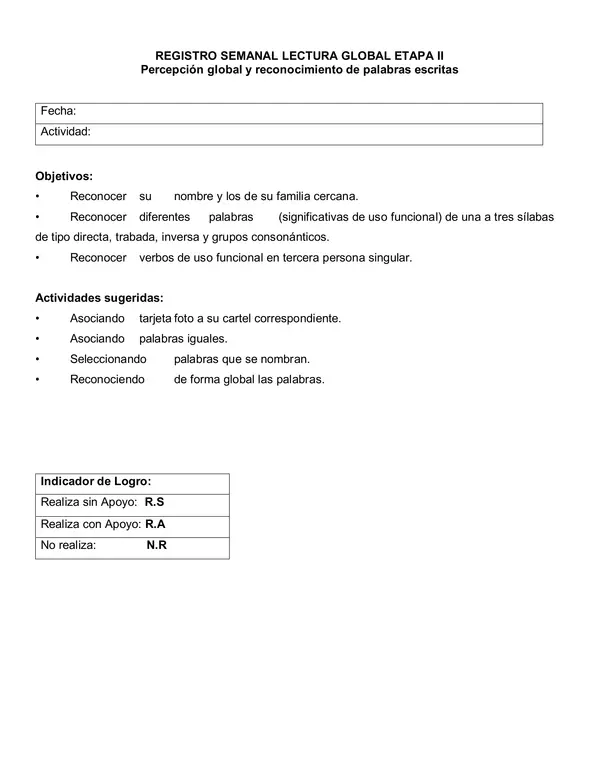 Ficha de Registro semanal Método Global de Lectura etapa 2