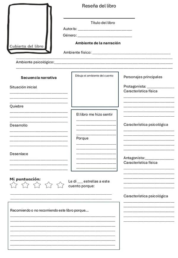 Plantilla de reseña de libro "Comprensión lectora y secuencia narrativa"