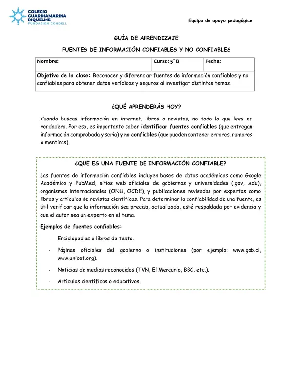 GUÍA DE APRENDIZAJE   FUENTES DE INFORMACIÓN CONFIABLES Y NO CONFIABLES