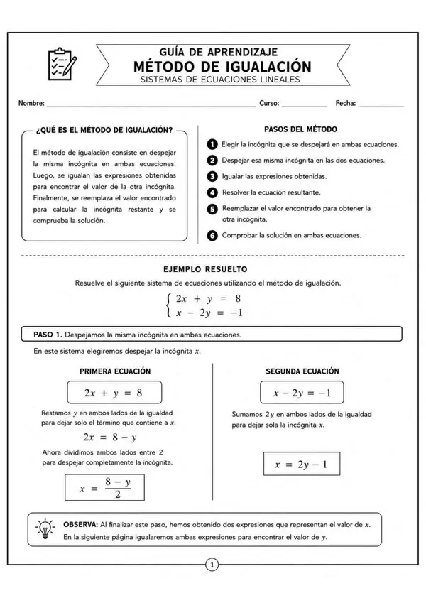 Método de igualación. Sistemas de ecuaciones