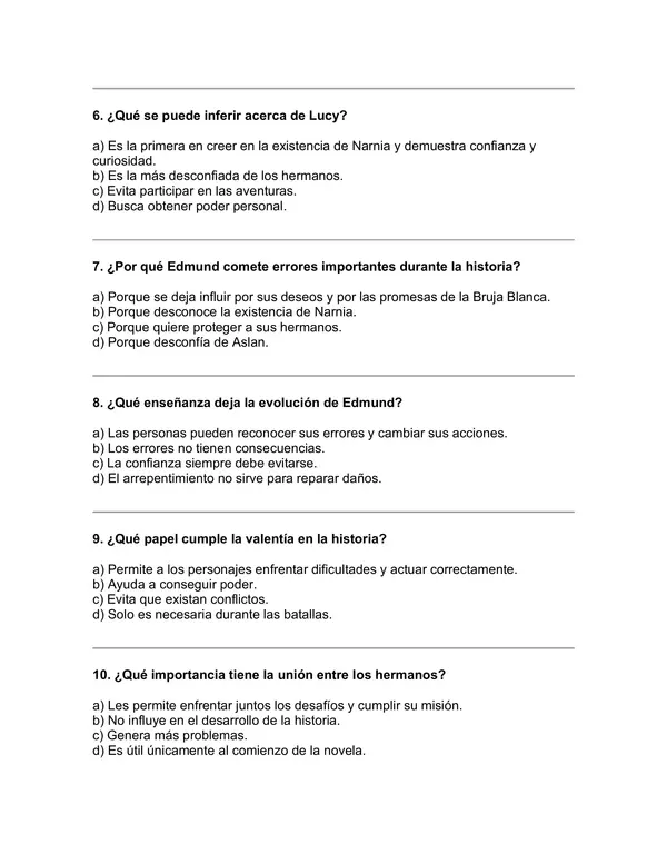 Prueba del libro "Las crónicas de Narnia: El león, la bruja y el ropero" (C. S. Lewis) 5° básico