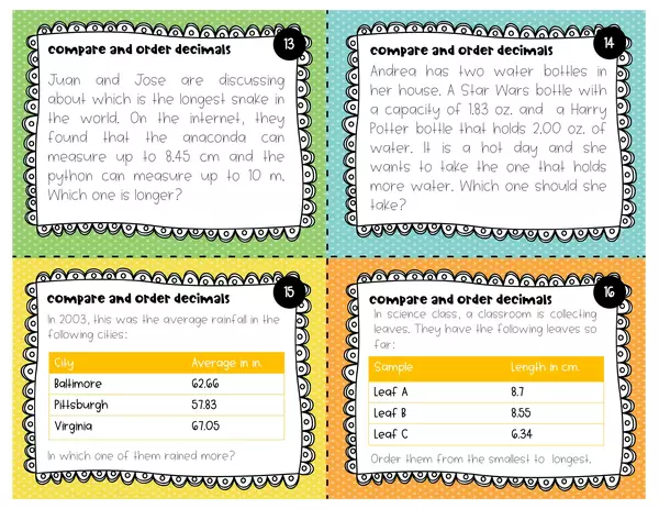 Compare and order decimals task cards