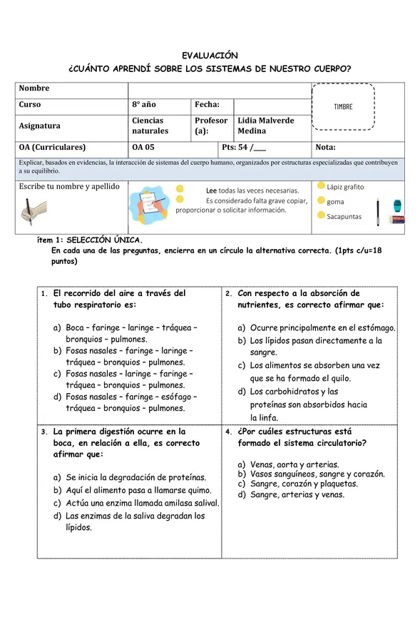 Evaluación: Los sistemas del cuerpo humano