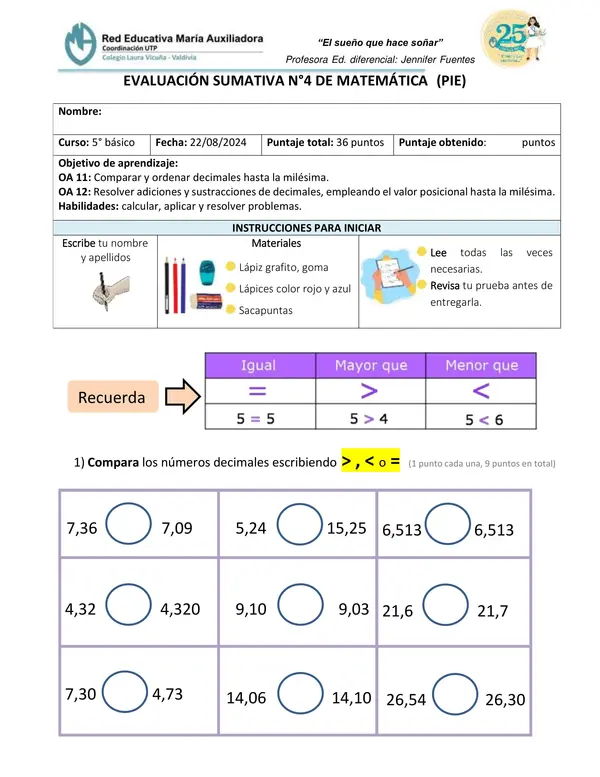 Evaluación números decimales