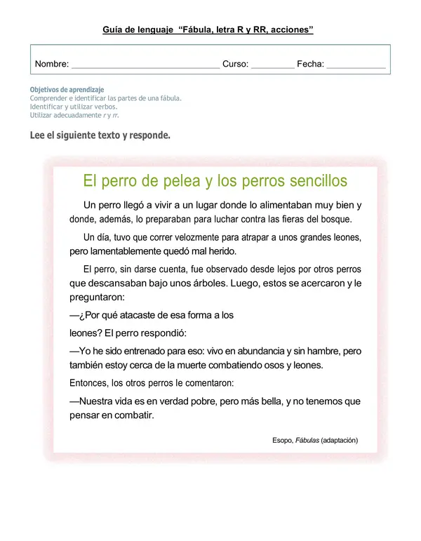 Guía de lenguaje "Fábula, letra r, rr, acciones"