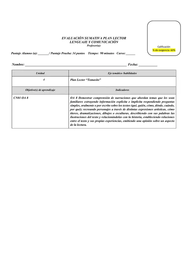 Evaluación Libro Tomasito
