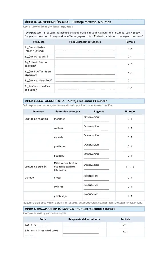 Evaluación psicopedagogica Informal Tercero básico