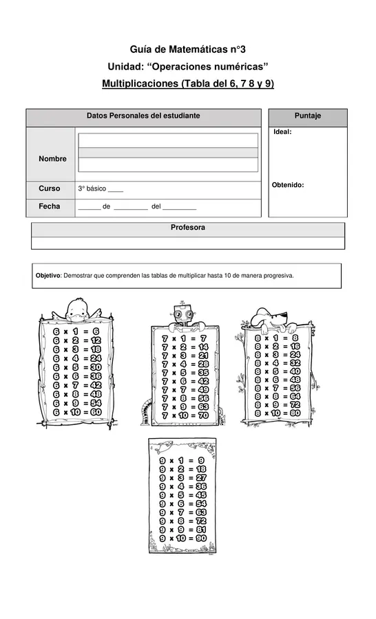 Guia: Tabla del 6, 7, 8 y 9