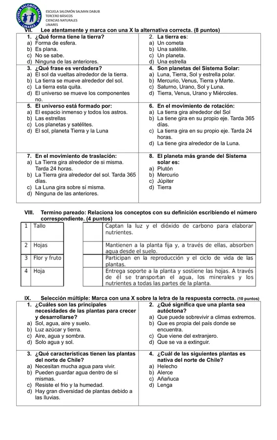 Diagnóstico Ciencias Naturales 4to básico