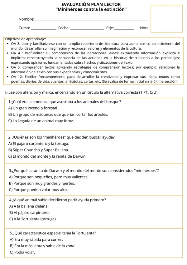  Evaluación Plan Lector "Minihéroes contra la extinción" 