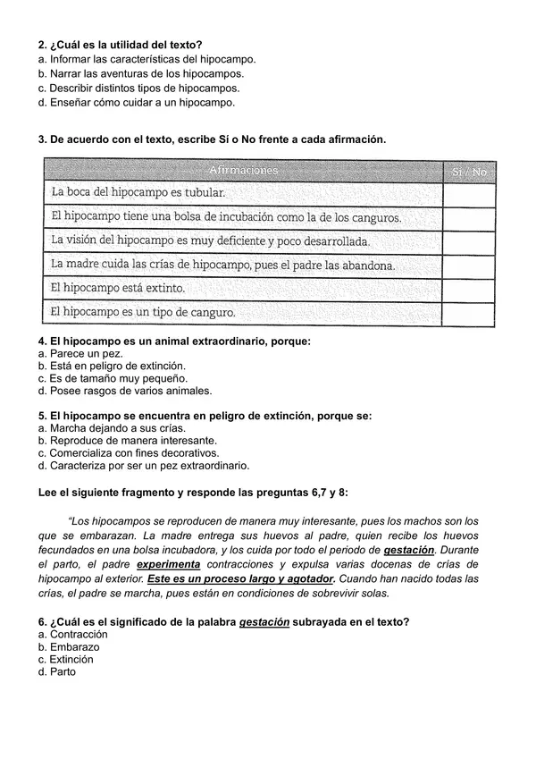 Control formativo 4° año "Artículo informativo: El caballito de mar"
