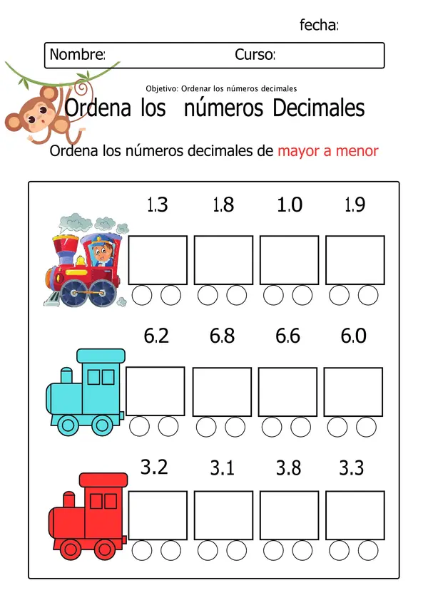 Guía editable  "Ordenar los números decimales" Word Ascendente descendente.