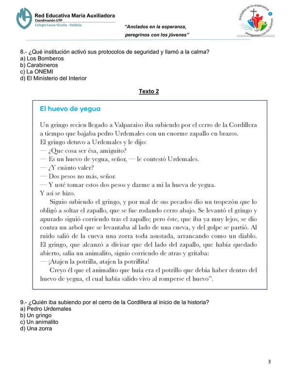 Evaluación comprensión lectora, oración/frase, sujeto y predicado - 7° Básico