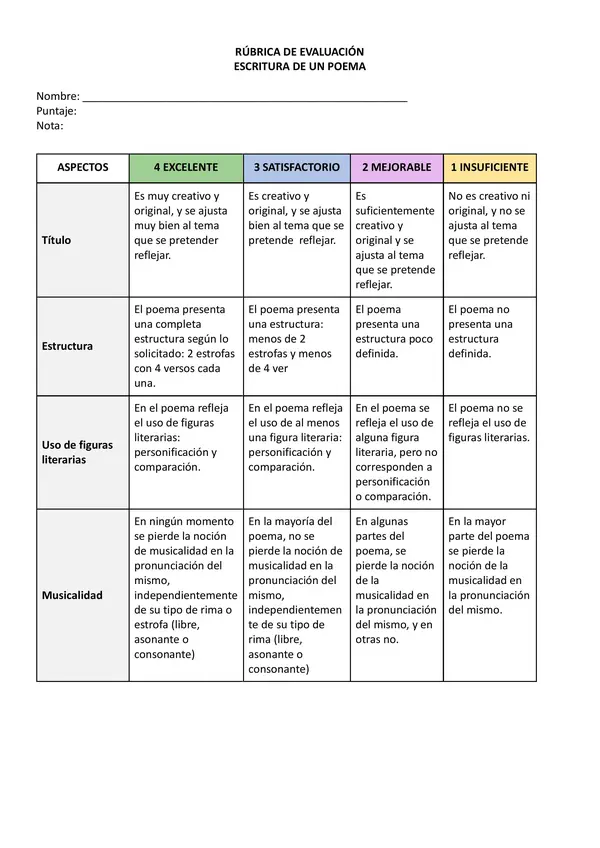 Rubrica escritura poema